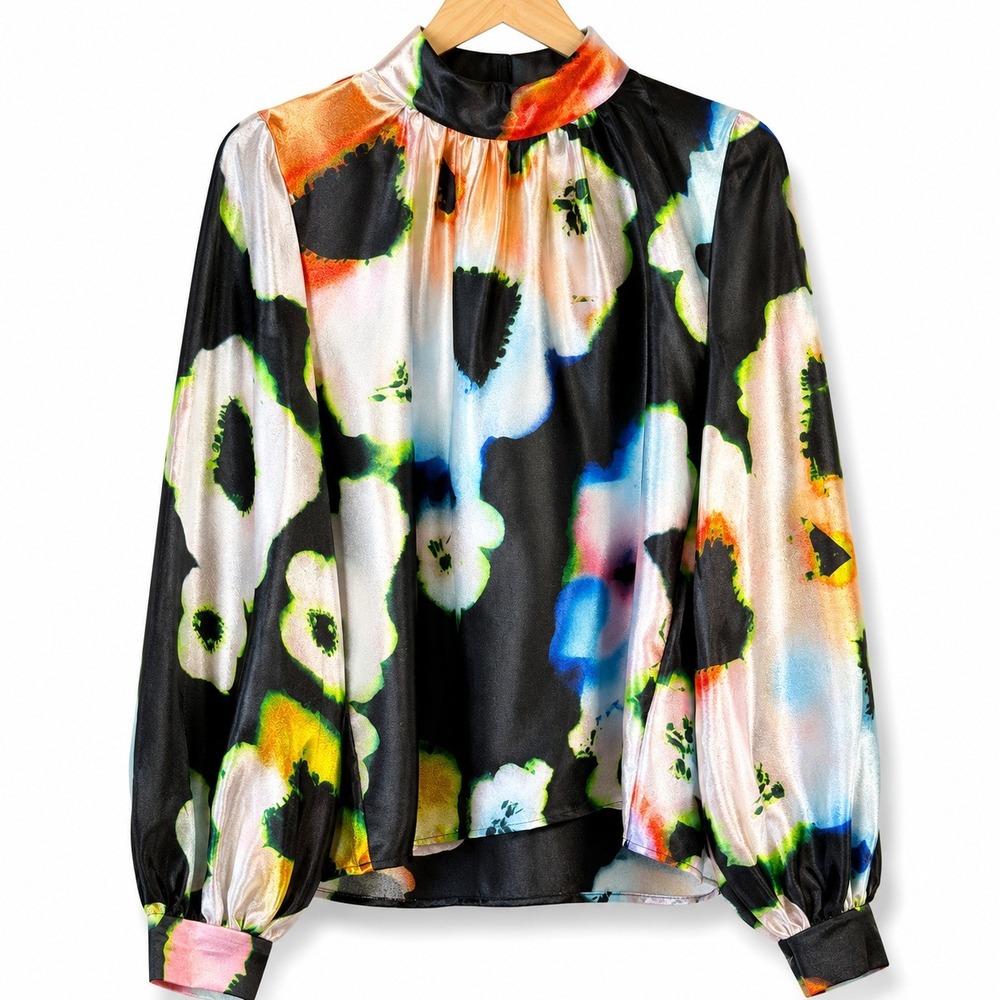 Stine Goya Ashley Blouse XS Floral Satin Long Sleeve Keyhole Designer Top